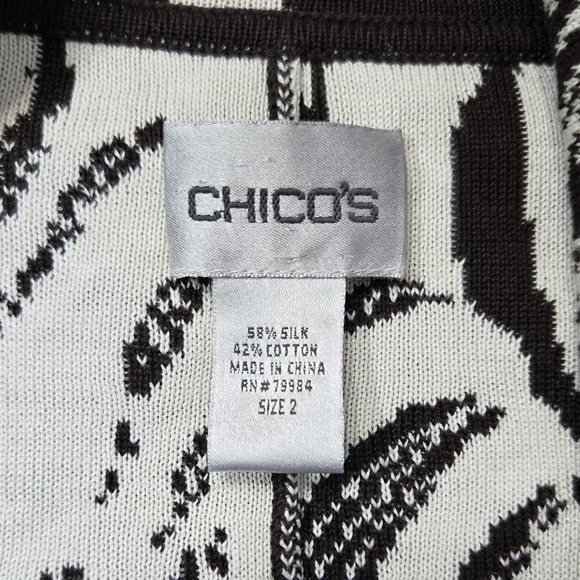 Chico's Silk Blend White Brown Tropical Leaf Knit Sweater Blazer Beachy Office - Picture 7 of 8